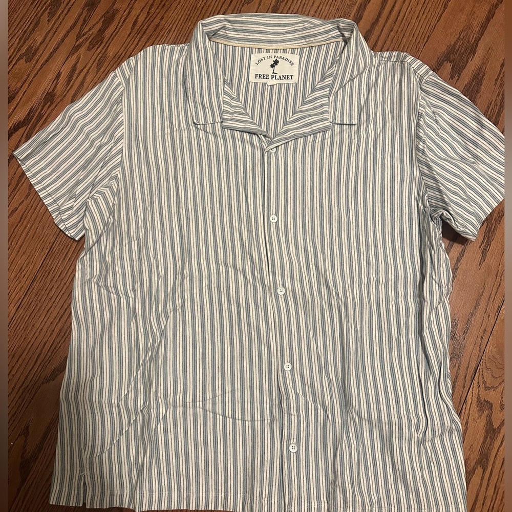 Free Planet Men’s Short Sleeve Striped Button-Down in Blue and White
